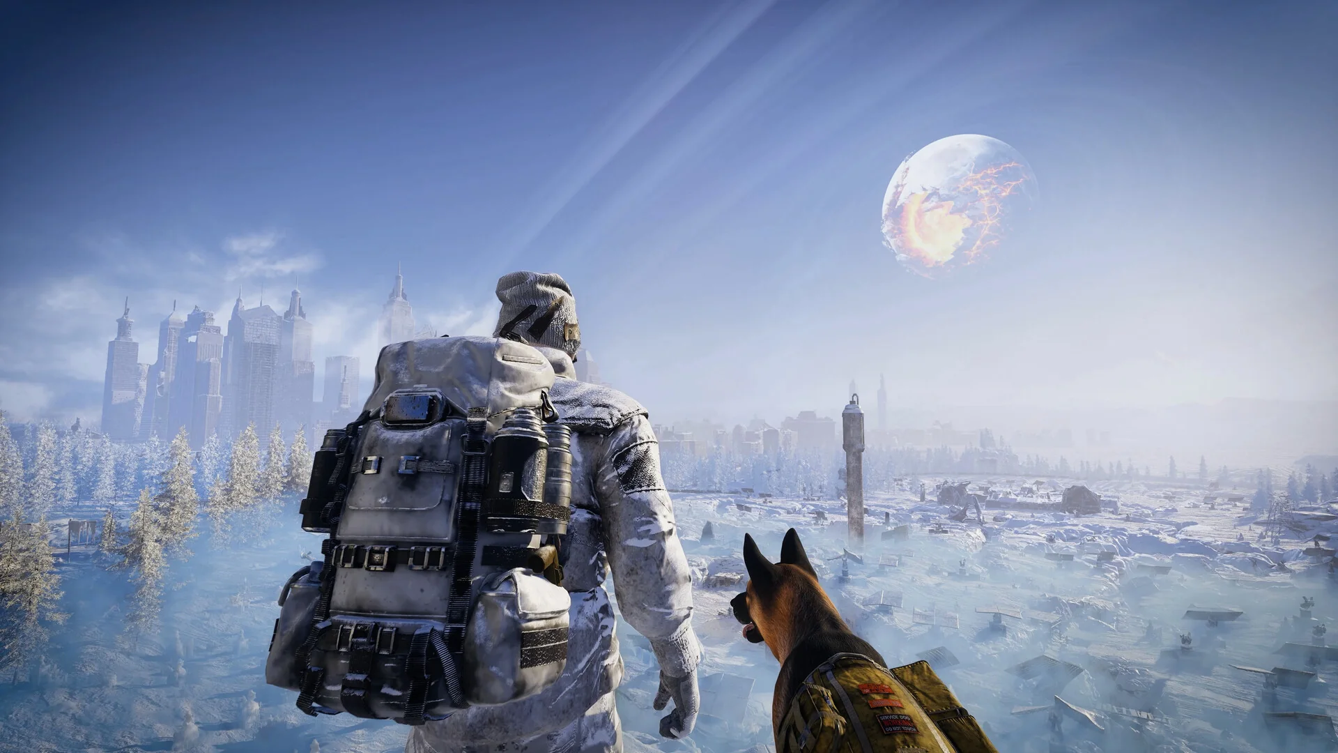 Permafrost survivor and dog overlooking a frozen city beneath the fractured Moon