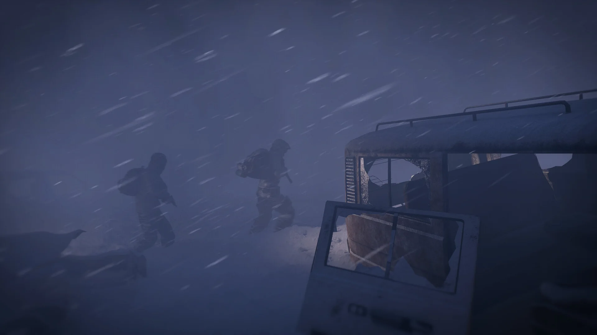 Snow-covered bus beside ruined buildings in Permafrost