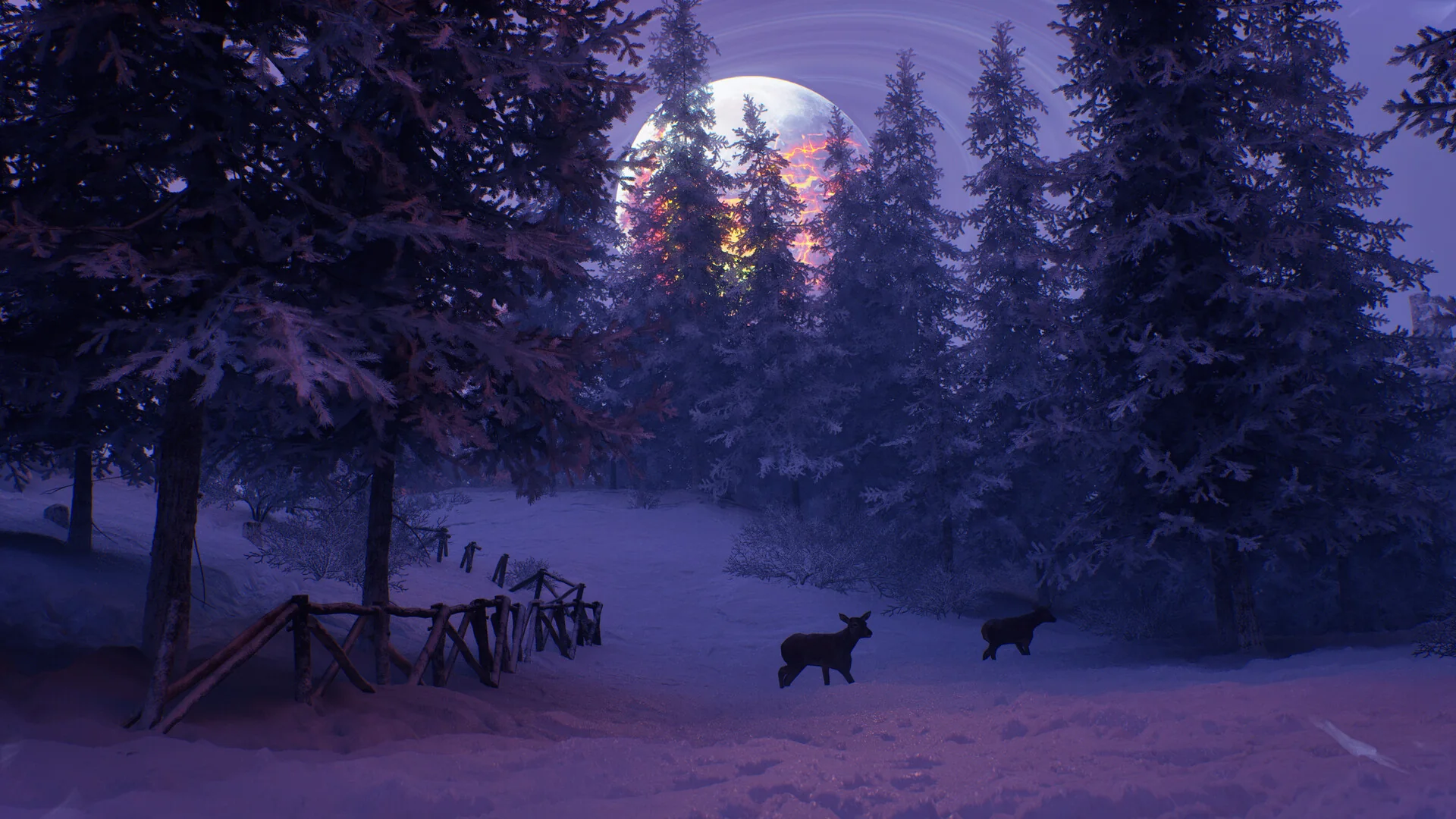 Animals in a snowy forest beneath a glowing Moon in Permafrost
