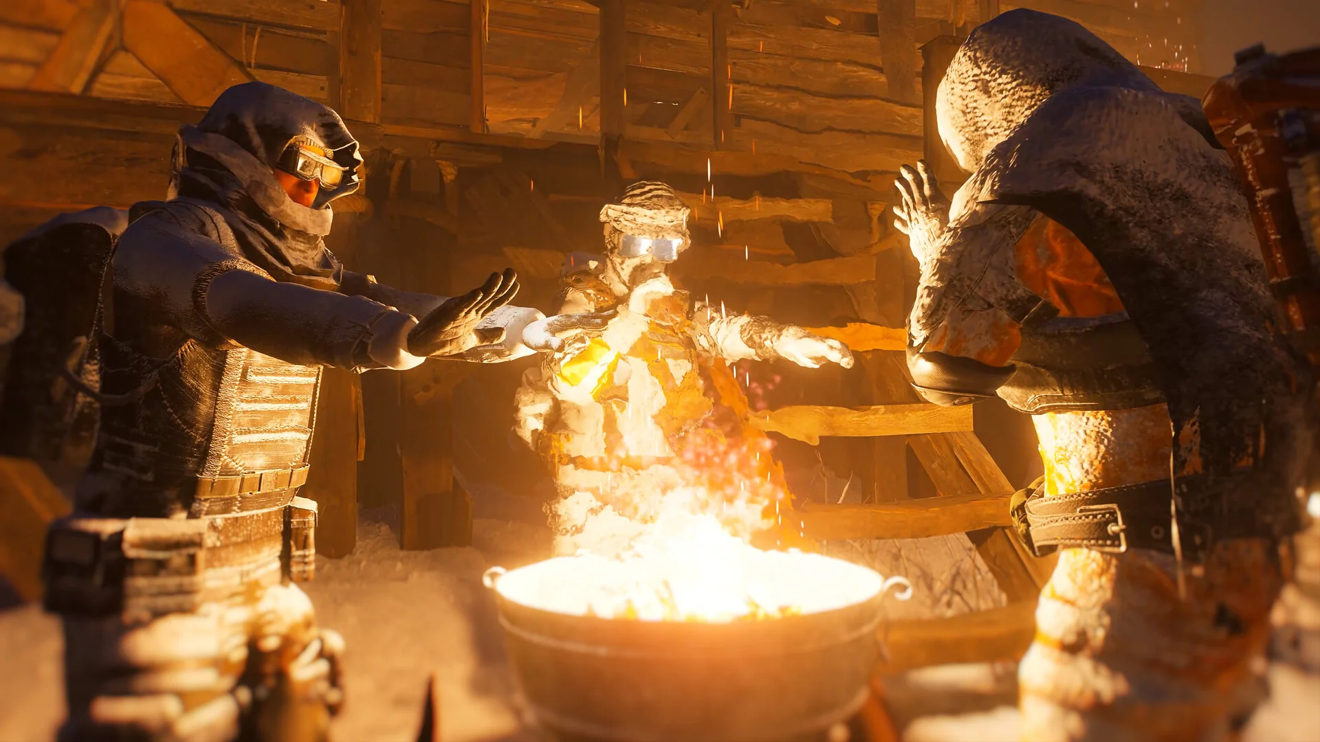 Two Permafrost survivors warming their hands beside a fire